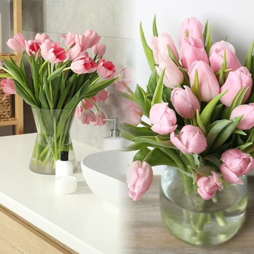 Sggvecsy 30 Pcs Fake Tulips Artificial Flowers Real Touch PU Faux Flowers Tulip Stems for Wedding Spring Bouquet Floral Arrangement Home Party Office Decorations for Mother's Day (Milk Pink) - color: Milk Pink, size: 30 Pcs