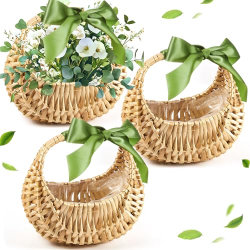 Taiyin Rattan Flower Girl Basket Small Half Moon Straw Wicker Basket with Handle Ideal for Wedding Flower Girl,Picnic,Garden Storage and Home Decor (Green Ribbon) - style: Green Ribbon