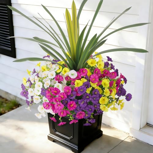 INXUGAO Artificial Flowers for Outdoors Fake Plants Outside, 12 Bundles Silk Morning Glory with Eucalyptus + Orchid Leaf UV Resistant Realistic Faux Flowers for Porch Planter Garden Patio (Mix Color) - color: Mix White Yellow Purple