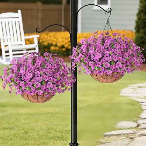 HyeFlora 2 Set Artificial Outdoor Flowers Hanging Basket, Faux Hanging Plants for Outside Spring Decoration, Fake Silk UV Resistant Look Real Daisy for Porch Patio Home Decor - color: Purple
