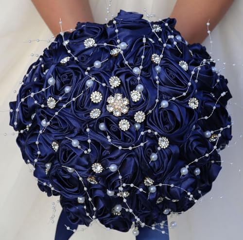 Ujicde Romantic Wedding Bouquet Bridal Bridesmaid Round Bling Brooch Bouquet Throw Toss Artificial Rose Flower Bunch with Sparkle Rhinestone Crystal Decoration(Navy Blue,Dia. 6.3"*16cm) - color: Navy Blue, size: Dia. 6.3"*16cm