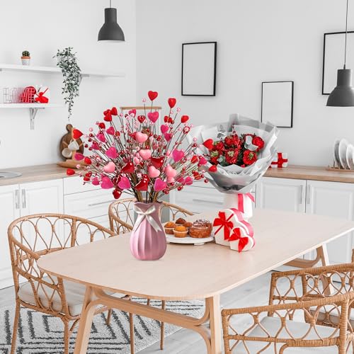 Valentine’s Day Gifts 12 Pcs Heart Shaped Berry Picks Artificial Red Heart Pearl Berry Twig Stem Branches with Red Pink Fluffy for Valentine’s Day Anniversary Flower Bouquets Wedding Home Decor - color: Red and Pink