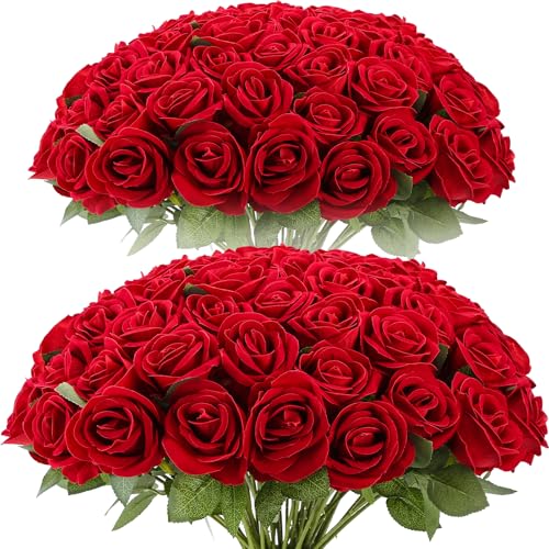 Cliselda 72pcs Red Roses Artificial Flower in Bulk, Realistic Velvet Silk Faux Roses for Wedding Centerpieces, Bridal Bouquets, Home Decor, Anniversary, Valentine's Day Gifts, Mother's Day Decorations - color: Red
