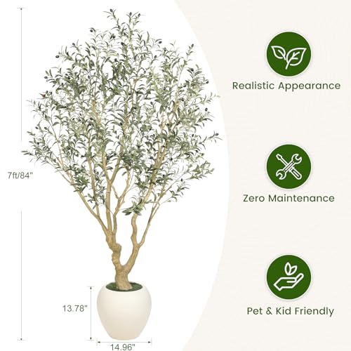 FEELEAD Olive Trees Artificial Indoor - 7FT Faux Olive Tree with 15" Exquisite Planter, Natural Trunk and Lifelike Leaves, Tall Fake Olive Tree for Home Office Living Room Decor