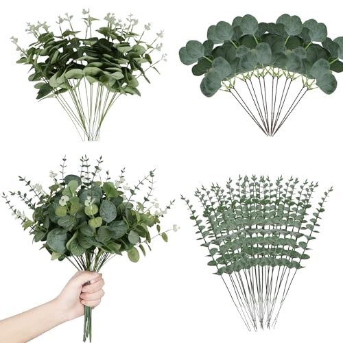 Coreland 120 Pcs 3 Kinds Mixed Artificial Eucalyptus Leaves Stems Fake Silver Dollar Eucalyptus Leaves Stem Bulk Faux Leaf for DIY Bouquets Floral Arrangement Wedding Home Decor - color: Eucalyptus Leaf-120pcs