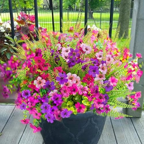 Yastouay 12 Bundles Artificial Flowers for Outdoors, UV Resistant Artificial Outdoor Flowers No Fade Fake Outdoor Flowers Plants for Garden Porch Window Box Pot Planters Decor (Mixing+Fern A) - color: Fuchsia+pink+rose Red+fern, size: 12 Bundles