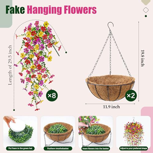 Der Rose 2Pcs Artificial Hanging Flower Basket for Outdoors Fake Hanging Flowers Plants with 4 Faux Silk Trailing Vines for Porch Patio Balcony Spring Decor - color: Multi-color-d