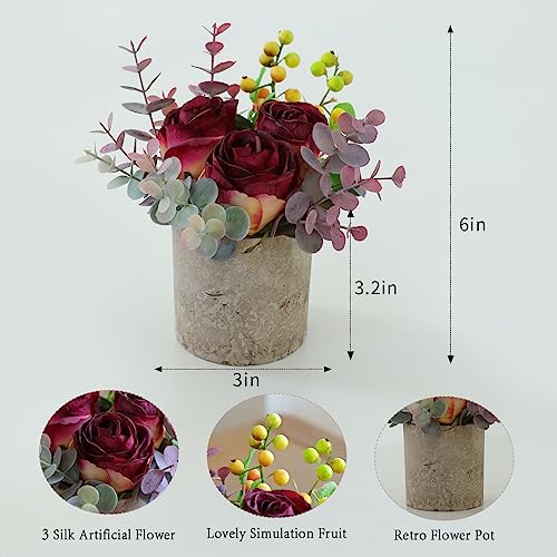Small Artificial Burnt Burgundy Rose Potted Plant, 6" Fake Silk Flowers in 3" Cylindrical Pot, Mini Faux Floral Arrangement for Desk Shelf Bathroom Decor - color: Burnt Burgundy
