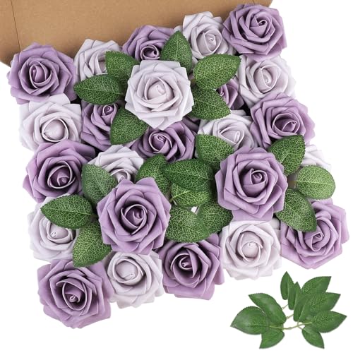 AmyHomie 25pcs Real Looking Artificial Pale Lavender Roses w/Stem for DIY Wedding Bouquets Centerpieces Arrangements Party Baby Shower Valentines Day Christmas Tree Decorations - color: Pale Lavender & Dusty Violet