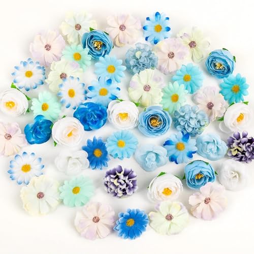 Fake Flower Heads for Crafts, 66PCS Mini Artificial Flowers Bulk, Small Silk Daisy Rose Sunflower Faux Floral Heads for DIY Hair Clips, Wedding Cake, Graduation Cap, Wreath & Party Decoration - color: Blue
