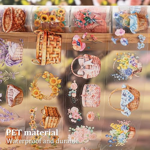 Flower Basket PET Tape Set, 6 Rolls Pre-Cut Vintage Floral Scrapbook Supplies for Journaling, DIY Crafts, and Planners,with Clip - color: Bloom Harvest