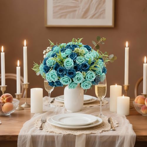 8 Pack Rose Artificial Flowers Bouquet, 10 Small Silk Rose Heads Per Pack, Fake Roses Bunches for Wedding Table Centerpieces Bridal Bouquet Mother's Day Valentine's Day Home Decor, Blue - color: Blue