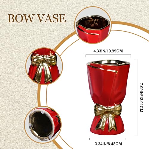 7 Inch Red Ceramic Vase for Centerpiece, Bow Ceramic Vases Home Decor, Small Modern Vase for Office Shelf, Western Desk Decor, Windowsill, Bathroom Counter, Centerpiece Table Decorations - color: Red, size: 7 inch