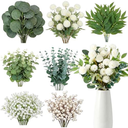 Yinder 60pcs Mixed Artificial Eucalyptus Stems and Faux Flower Set, Greenery Eucalyptus Branch Baby's Breath Silver Dollar Stem Berry and Silk Mums for Vase Centerpieces Wedding Arrangement Home Decor - color: White