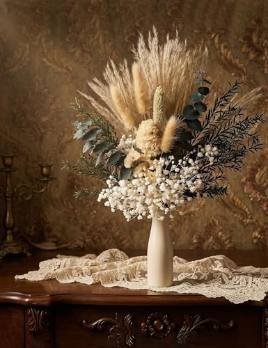xin's convey Dried Flower Bouquet with Ceramic Vase, Pampas, Wedding Party Decoration, Farmhouse Decor, Wedding Table Centerpiece. (Green) - color: Green