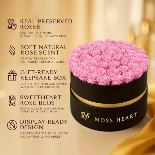 50 Petite Preserved Roses, Designer Round Box, Real Forever Roses Last 1+ Year, Premium Gift for Women, Wife, Girlfriend, Mother’s Day, Birthday, Anniversary, Valentine’s Day - color: Pink, size: 50 Roses