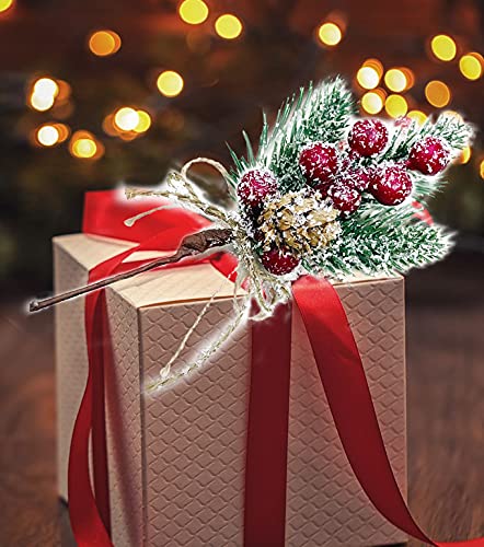 8pcs Christmas Berries Red Stems Evergreen Pine Branches, Christmas Picks Spray Artificial Pine Cones Holly Stem Craft Winter Holiday Floral Picks for Décor DIY Xmas Garland Wreath Ornament - color: Red