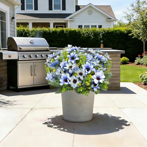 8 Bundles Fake Silk Daisy Outdoor Artificial Flowers UV Resistant Faux Plants Bright Colors for Front Porch Planter Balcony Patio Garden Home Indoor Decoration (Blue) - color: Blue