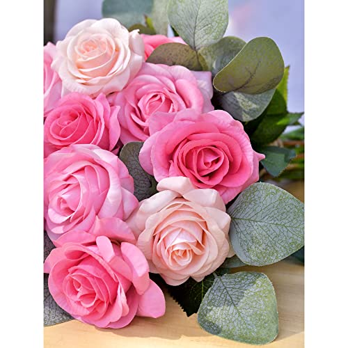 FiveSeasonStuff Rose Pink Real Touch Artificial Roses, 12 Faux Silk Flower Stems with Bendable Wire and Green Leaves for Vase Arrangements - color: Rose Pink