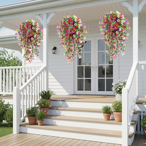 CEWOR 4pcs Artificial Hanging Flowers Plants for Outdoor, Fake Flowers Faux Silk Daisy with Eucalyptus, UV Resistant Realistic Faux Flower for Outside Indoor Home Porch Patio Decor, Multicolor - color: Multicolor Daisy