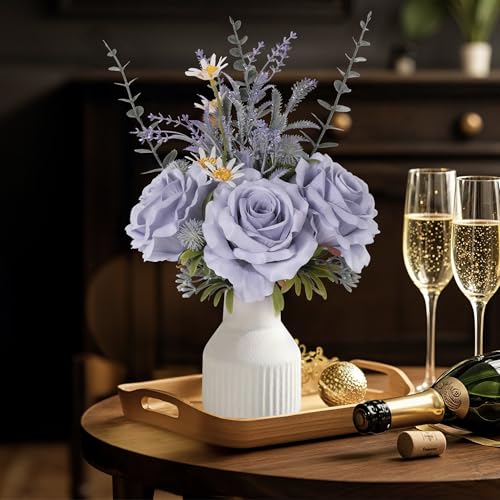 Artificial Flowers in Vase, Silk Roses Flowers Artificial Eucalyptus Lavenders Small Daisies and Fake Plants in White Ceramic Vase, Rustic Farmhouse Floral Arrangements Décor, Plants for Living Room - color: Dustyblue