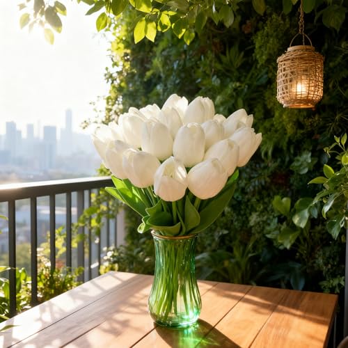 20pcs–13.5 Inch White Tulips Artificial Flowers Mother's Day Easter Valentine’S Day Gifts in Home Kitchen Wedding Dining Table Decorations Faux Flowers