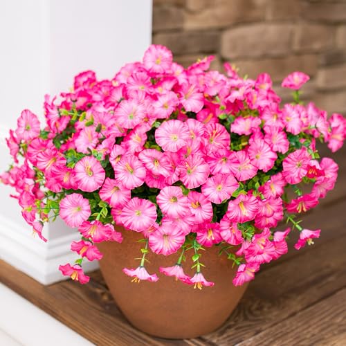 HyeFlora Artificial Flowers for Outdoors Fake Plants Outside Decoration, 12 Bundles Silk Pink Morning Glory with Eucalyptus UV Resistant Look Real Faux Flowers for Planter Front Door Yard Gardens Home - color: Gradient Pink