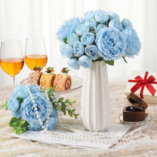 XunYee 85 Pcs Blue Artificial Peonies Faux Silk Flowers Bulk for Vase Spring Vintage Faux Peony Bouquet Florals Stems Arrangements for Wedding Table Centerpiece Farmhouse Birthday Vase Filler - color: Blue