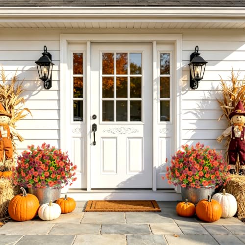 ADXORA 12 Bundles Fake Artificial Mums Fall Flowers for Outdoor Decoration Faux Silk Flowers for Outdoor Planters UV Resistant Colorful Violets Eucalyptus for Home Porch Patio Yard Décor - color: Green Leaves-brown, Orange