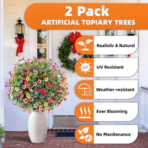 27.5" Artificial Flowers Boxwood Topiary Ball Tree Set of 2, UV Resistant Fake Bushes Shrubs with Ground Spike, Faux Evergreen Tree for Front Porch Outdoor Garden Decor - color: Colorful-flowers