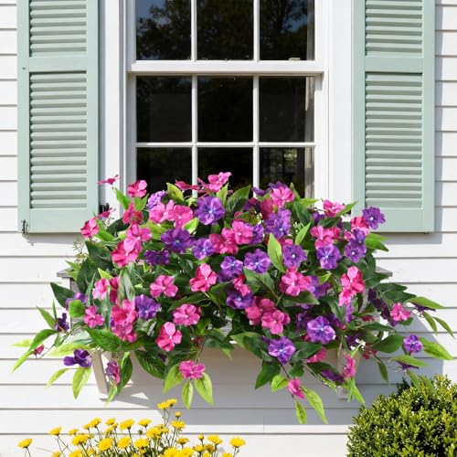 Hommyea Artificial Flowers for Outdoor, 2 Bundles UV Resistant Fake Plants Decoration Realistic Faux Silk Flowers No Fade Plastic Flowers for Outside Planters Home Porch Patio Yard Garden Decor - color: Deep Purple Hot Pink
