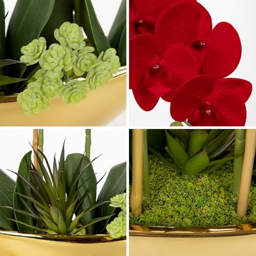 Briful Orchid Artificial Flowers 17in Red Fake Orchid Silk Flowers in Gold Ceramic Vase Faux Phalaenopsis Arrangement for Home Office Room Dining Table Centerpiece Modern Decor - color: Gold Red