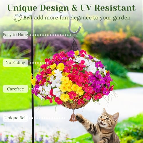 Dolicer 2 Packs Look Real Artificial Hanging Flowers for Outdoors, Realistic Artificial Flowers for Outdoors Hanging Basket UV Resistant Fake Hanging Flowers Plants for Outdoor Porch Patio Balcony - color: Yellow+fuchsia+purple+white, size: 2PACKS