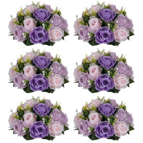 NUPTIO Artificial Flower Ball Centerpieces: 6 Pcs Lilac & Purple & Pink Rose Arrangements for Wedding Party Tables - Faux Silk Floral DIY Kissing Balls for Home Event Dining Decorations - color: Deep Purple & Light Purple & Light Pink, size: 6 Pcs