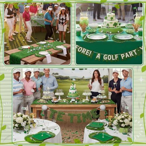 Gilprop 7 Pcs Golf Artificial Grass Placemats Table Runner Set Golf Artificial Mat Green Fake Grass Table Runner Centerpiece Placemat Sport Theme Party Decoration for Wedding Baby Shower Golfs Lover
