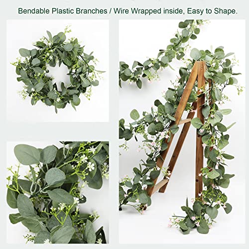 Gypsophila Artificial Eucalyptus Garland 2 Pack, 5.8Ft Faux Baby Breath Flowers Vine, Real Touch Hanging Flower Decor for Wedding Arch Party (White)