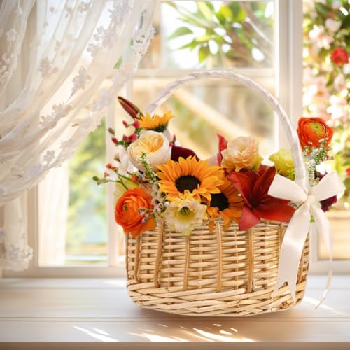 2 Pack Wicker Rattan Flower Girl Mini Basket, Handmade Wedding Flower Basket with Handle Silk Ribbon, Wicker Basket for Wedding Picnic Home Decor - size: Round Basket