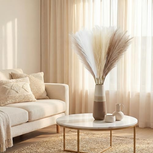 Pampas Grass Decor 21.7 Inch 30pcs, Faux Pampas Grass White Beige Brown Ultra Fluffy No Shedding for Boho Home Bedroom Wedding Vase Filler Dried Flower Arrangement - size: White Beige Brown