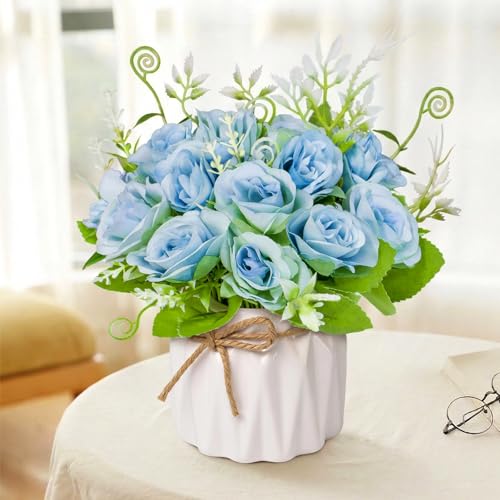 Fake Flowers with Vase,Blue Roses Artificial Flowers in Vase | Faux Flower Plant Arrangement,No Maintenance Faux Flower Arrangement, 6.3 Inch Realistic Table Decor for Home Office Wedding - color: Blue