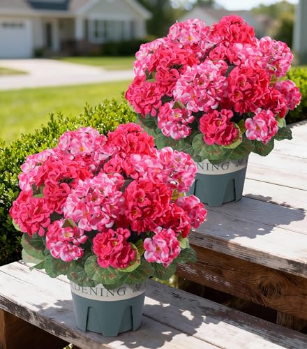 Geraniums Artificial Flowers for Outdoors, 2 Pack Potted Plants Faux Geraniums Bush Artificial Topiaries Realistic UV Resistant Fake Flowers Greenery for Outside Gardens Porch Patio Yard Indoor, Mix - color: 6 Pink, 6 Hot Pink
