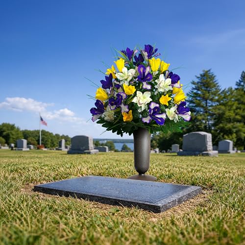 Sympathy Silks Artificial Cemetery Flowers - Grave Decoration - Yellow Tulips and Purple Iris (1) Bouquet (1) Vase - color: Yellow/Purple, size: (1) Bouquet (1) Vase