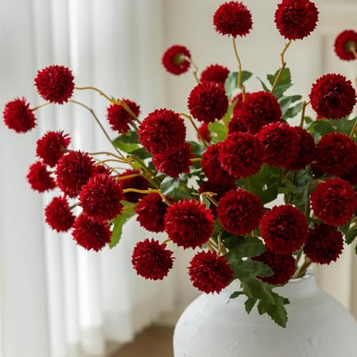 mizii 6Pcs Red Fake Silk Pompon Mum Artificial Flowers Bulk Small Faux Chrysanthemums with Stems Realistic Floral Decorations for Wedding DIY Bouquet Centerpieces Shower Vase Home Decor (Red) - color: Red