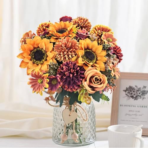 3 Pcs Fall Flowers Artificial Mums Silk Chrysanthemum Rose Sunflowers Daisy Bouquet Fake Mums Faux Floral Arrangements Home Indoor Outdoor Planter Decor Party Wedding Table Autumn Decoration - color: Fall Colors - B
