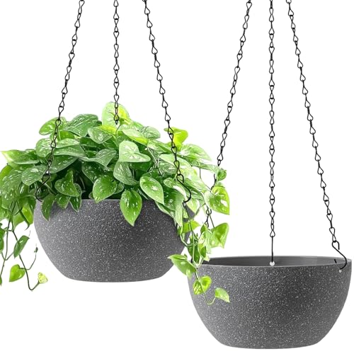T4U 8 Inch Hanging Planters for Indoor Plants, 2 Pack Hanging Planter, Hanging Plant Pots with Drainage Holes and Chain, Hanging Basket Pots for Garden Home Porch Decor,Grey - color: Gray, size: 8 In