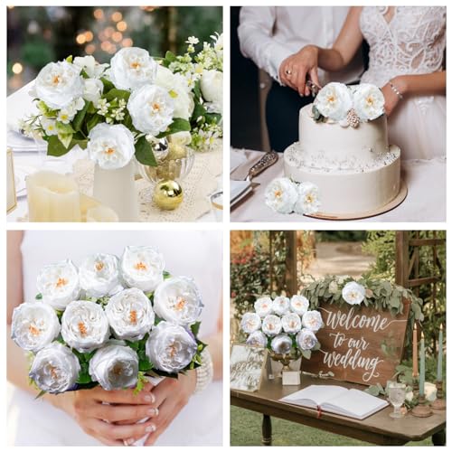 4 Pcs Real Touch Peonies Artificial Flowers, 3.5'' Big Bloom Austin Rose Peony Latex Fake Flower with Stems for Wedding Bouquet Party Valentines Arrangement Home Kitchen (White) - color: White