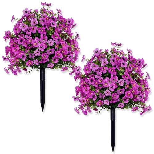 Artificial Petunias with Ground Stake - UV Resistant & Waterproof Faux Flowers for Outdoor Indoor Garden, Yard, Planter, Porch & Home Decor (Purple 2 Pcs) - color: Purple 2 Pcs