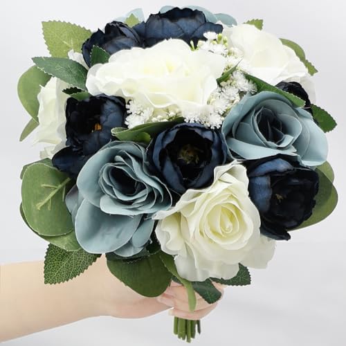 Set of 4 Bridesmaid Bouquets, 11 Inch Wedding Bouquets for Bridesmaids Artificial Flower Bouquets for Wedding Ceremony Bridal Shower Decorations - Navy & Dusty Blue & White - color: Navy & Dusty Blue, size: Set of 4 Bouquets