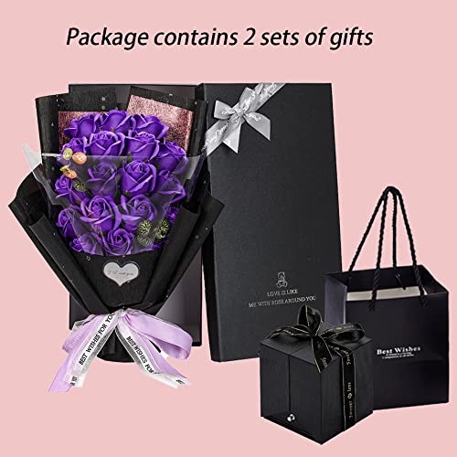 EIGHTOWN Roses Bouquet Artificial Flower - Preserved Purple Rose Flowers with Love Necklace for Her - Unique Gifts Valentine's Day, Mother's Day, Thanksgiving, Birthday, Anniversary - color: Romantic Purple