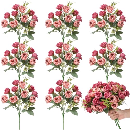 Zeyune 8 Pack Artificial Mini Soft Pink Roses, 12 Inch Fake Flowers with Stems, 80 Small 1.6 Inch Flower Heads, Silk Mini Rose Bouquets for Wedding Centerpieces, Bridal Bouquets, Home Party Decor - color: Soft Pink