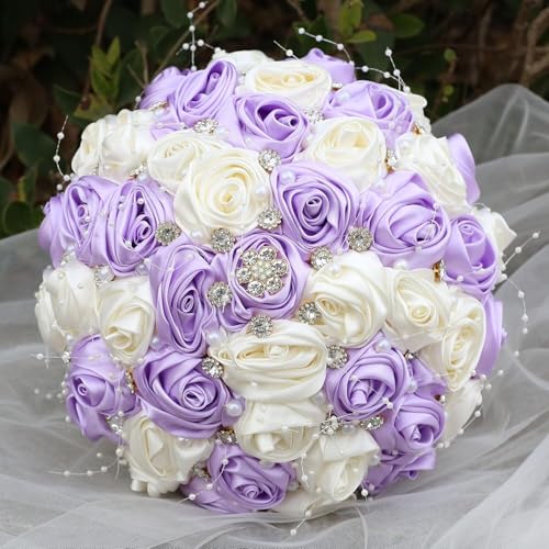 Ujicde Romantic Wedding Bouquet Bridal Bridesmaid Round Bling Brooch Bouquet Throw Toss Artificial Rose Flower Bunch with Sparkle Rhinestone Crystal Decoration(Purple+Ivory,Dia. 6.3"*16cm) - color: Purple+ivory, size: Dia. 6.3"*16cm